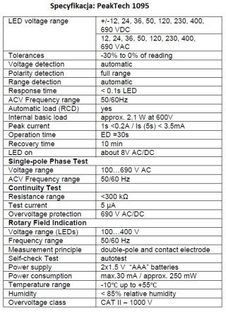 Tester Napięcia Prądu 2-polowy12-690 PeakTech 1095 PEAKTECH