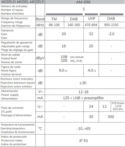 Alcad Zestaw KIT BO-696 12V 32dB UHF+VHF/FM+SAT Alcad