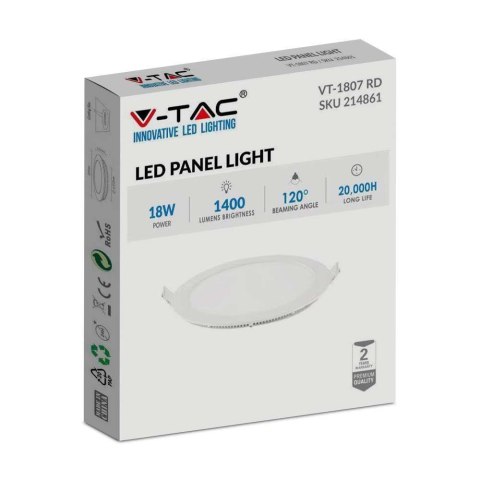 Panel LED V-TAC Premium Downlight 18W Okrągły fi225 VT-1807 4000K 1400lm