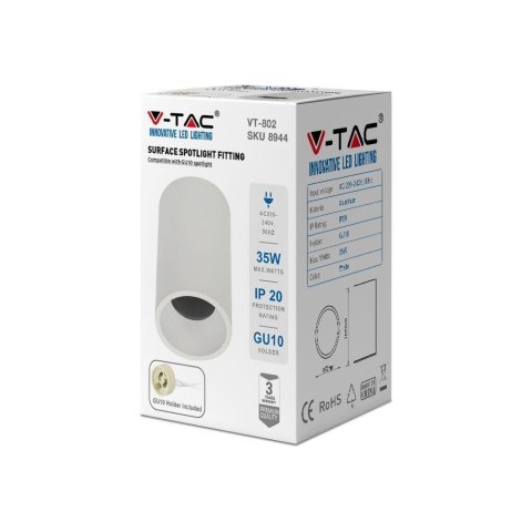 Oprawa V-TAC Aluminiowa GU10 Okrągła Natynkowa Tuba Biała 70x107mm VT-802-W 3 Lata Gwarancji