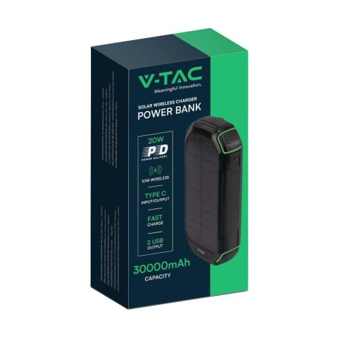 Power Bank V-TAC 30000mAh Czarny, Solarny, Ładowanie Bezprzewodowe SZYBKI 20W 2xUSB V-TAC VT-33333