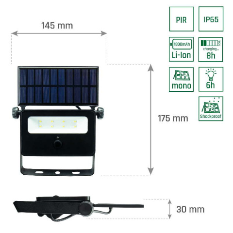 Spectrum Naświetlacz LED solarny 2W światło zimnobiałe IP65 czarny