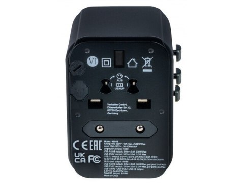 ADAPTER ZASILANIA UNIWERSALNY 100-250V EU, USA, JAPONIA, AUSTRALIA, UK + 2X USB/3X USB-C VERBATIM