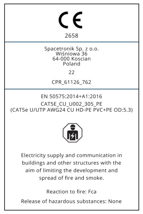 Skrętka CAT5e U/UTP AWG24 CU PVC+PE 5.0 Fca 305m SPACETRONIK