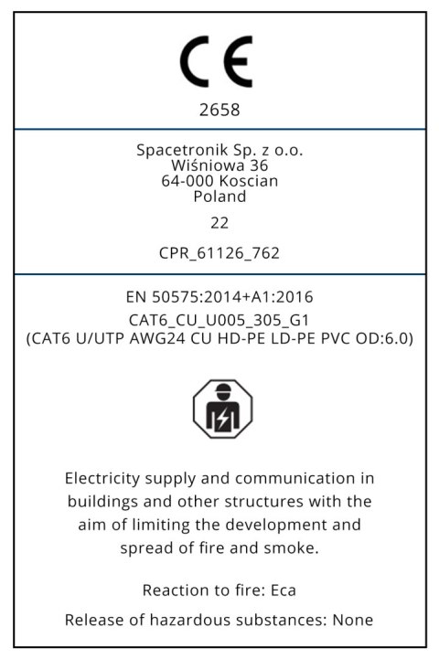 Skrętka CAT6 U/UTP AWG24 CU PVC OD 6.0 Eca 305m SPACETRONIK