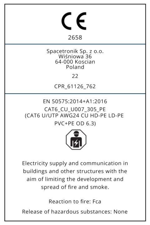 Skrętka CAT6 U/UTP AWG24 CU PVC+PE OD 6.3 Fca 305m SPACETRONIK