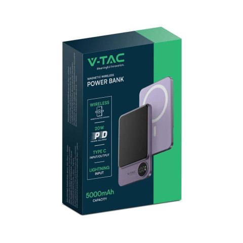 Power Bank V-TAC 5000mAh Fiolet Magnetyczny 9mm Aluminium, Lightning, LCD, SZYBKI 20W V-TAC VT-50005-P