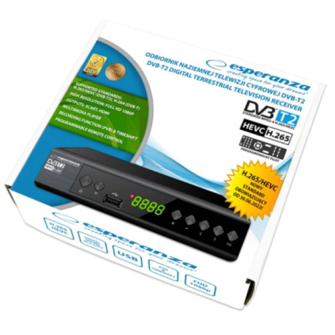 Esperanza EV111P Dekoder tuner DVB-T2 HEVC z programowalnym pilotem