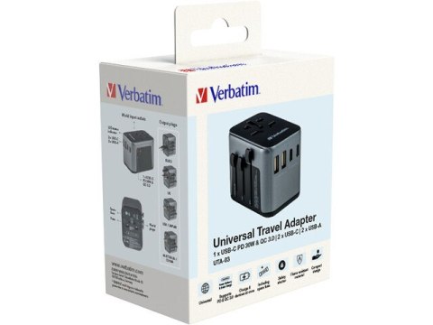 ADAPTER ZASILANIA UNIWERSALNY 100-250V EU, USA, JAPONIA, AUSTRALIA, UK + 2X USB/3X USB-C VERBATIM