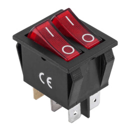 Podwójny przełącznik kołyskowy podświetlany ON - OFF 6 pinowy, 15A, 230V, czerwony