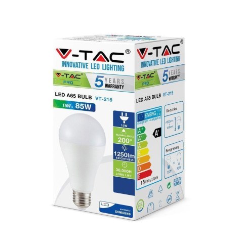 Żarówka LED V-TAC SAMSUNG CHIP 15W E27 A65 VT-215 6400K 1250lm 5 Lat Gwarancji