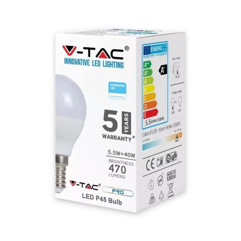 Żarówka LED V-TAC SAMSUNG CHIP 5.5W E14 P45 Kulka VT-236 4000K 470lm 5 Lat Gwarancji