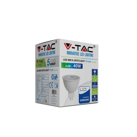 Żarówka LED V-TAC SAMSUNG CHIP 6.5W GU5.3 MR16 12V 110st VT-257 3000K 450lm 5 Lat Gwarancji