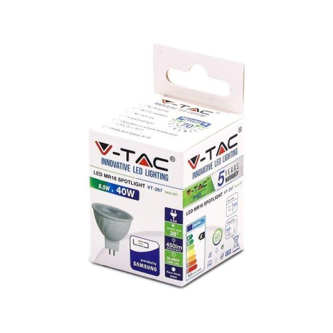 Żarówka LED V-TAC SAMSUNG CHIP 6.5W GU5.3 MR16 12V 38st VT-267 6400K 450lm 5 Lat Gwarancji