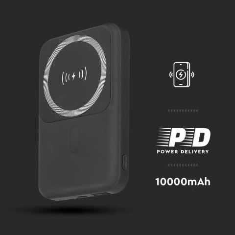 Power Bank V-TAC 10000mAh SLIM TYPE C Czarny Ładowanie bezprzewodowe VT-3529