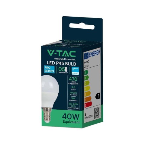 Żarówka LED V-TAC SAMSUNG CHIP 4,5W E14 P45 Kulka VT-236 6500K 470lm 5 Lat Gwarancji