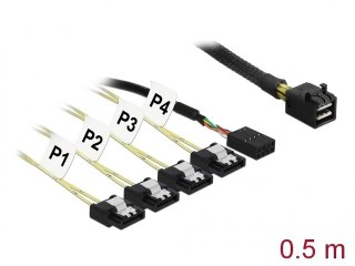 KABEL SAS MINI HD SFF-8643(M)->4X SATA 7 PIN(F) 0.5M JEDNOWSTĘGOWY DELOCK