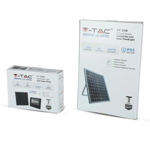 Projektor LED Solarny V-TAC 12W Czarny IP65, Pilot, Timer VT-25W 4000K 550lm