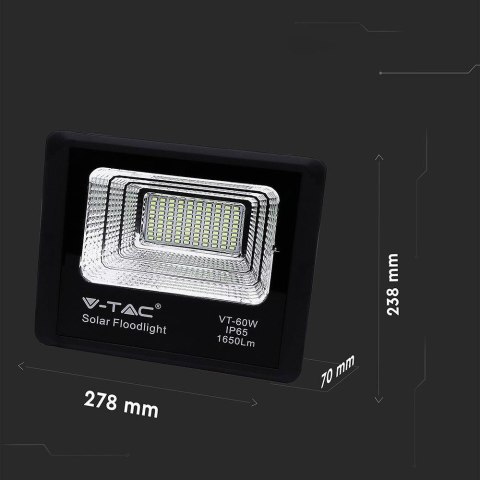 Projektor LED Solarny V-TAC 20W Czarny IP65, Pilot, Timer VT-60W 4000K 1650lm