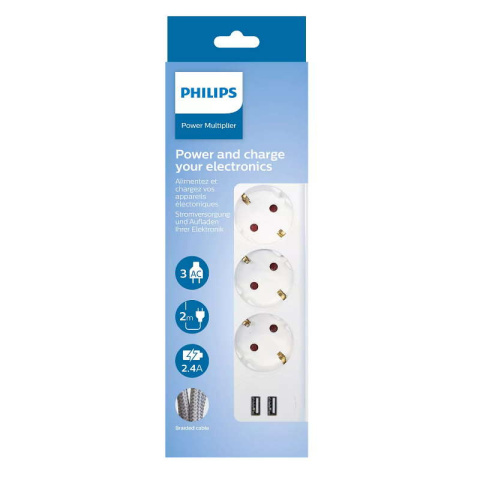 Przedłużacz 3 gniazda 2m z włącznikiem + 2x USB biały Philips