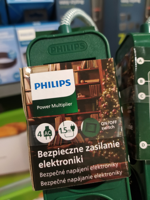 Przedłużacz świąteczny 4 gniazda 1,5m z włącznikiem zielony Philips X-mass