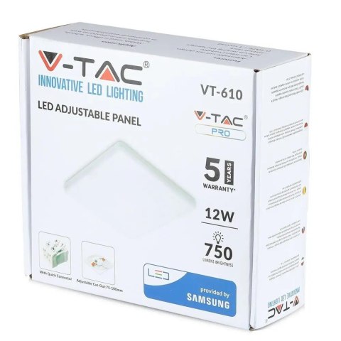 Panel V-TAC 12W LED Regulowany SAMSUNG CHIP Kwadrat 120x32mm VT-610SQ 6400K 750lm 5 Lat Gwarancji