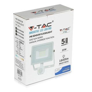 Projektor LED V-TAC 20W SAMSUNG CHIP Czujnik Ruchu Funkcja Cut-OFF Biały VT-20-S-B 6400K 1600lm 5 Lat Gwarancji