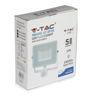 Projektor LED V-TAC 30W SAMSUNG CHIP Czujnik Ruchu Funkcja Cut-OFF Biały VT-30-S-W 3000K 2400lm 5 Lat Gwarancji