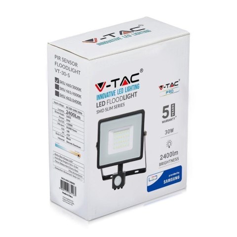 Projektor LED V-TAC 30W SAMSUNG CHIP Czujnik Ruchu Funkcja Cut-OFF Czarny VT-30-S-B 3000K 2400lm 5 Lat Gwarancji