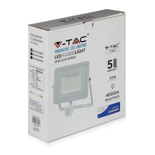 Projektor LED V-TAC 50W SAMSUNG CHIP Czujnik Ruchu Funkcja Cut-OFF Biały VT-50-S-W 4000K 4000lm 5 Lat Gwarancji