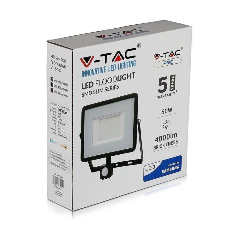 Projektor LED V-TAC 50W SAMSUNG CHIP Czujnik Ruchu Funkcja Cut-OFF Czarny VT-50-S-B 3000K 4000lm 5 Lat Gwarancji