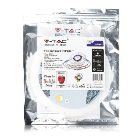 Taśma LED V-TAC SAMSUNG CHIP 2835 1200LED 24V IP20 CRI95+ 10mb 18W/m VT-10-240-1 4000K 1500lm 3 Lata Gwarancji