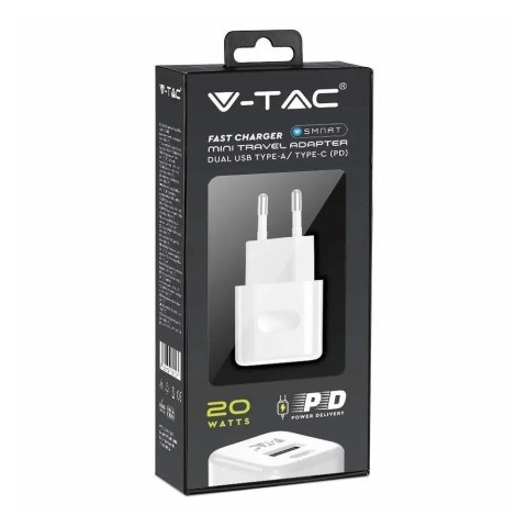 Ładowarka USB V-TAC SZYBKA 20W Biała MINI Dual USB Type-A Type-C VT-5320-W