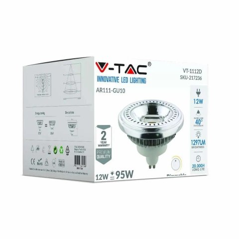 Żarówka LED V-TAC AR111 12W GU10 40st COB Ściemnialna VT-1112 6400K 1301lm