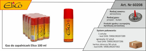 Gaz do zapalniczek, zapalarek uniwersalny 100ml mały Elico opakowanie zbiorcze cechy