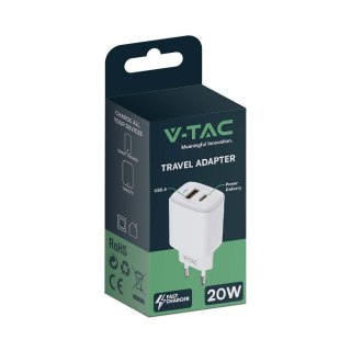 Ładowarka USB V-TAC SZYBKA 20W Biała MINI Dual USB Type-A Type-C VT-3530