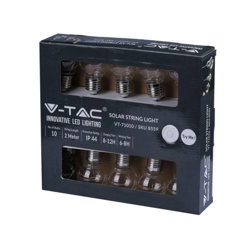 Girlanda Ogrodowa Solarna LED V-TAC 5 metrów 10 żarówek Filament VT-71010 3000K 100lm