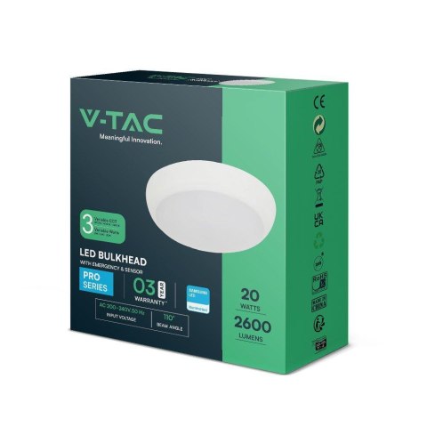 Plafon LED V-TAC Czujnik/CCT/Awaria 3godziny 8W/16W/20W SAMSUNG CHIP IP65 IK08 VT-8633 3000K-4000K-6400K 2600lm 3 Lata Gwarancji