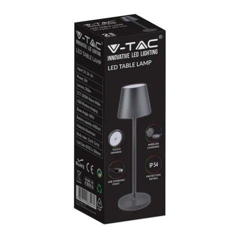 Lampka Biurkowa Nocna V-TAC 1,5W LED Ładowanie Ściemnianie IP54 Czarna VT-7997 3000K 150lm