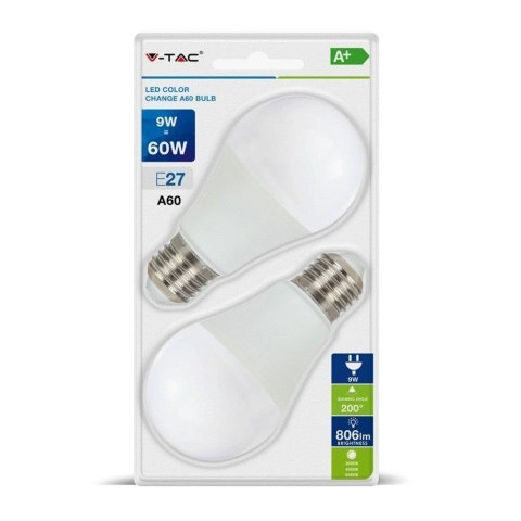 Żarówka LED V-TAC 9W E27 A60 Zmiana Koloru 3xKlik (Blister 2szt) VT-2149-B 3W1 806lm