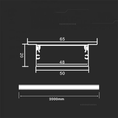 Profil Aluminiowy V-TAC 2mb Anodowany, Klosz Mleczny, Wpuszczany 20x50mm VT-8207