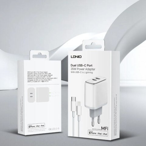 Ładowarka z kablem Licencja Apple MFI 35W 2x USB-C LDNIO