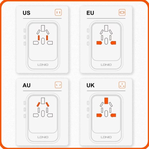 Uniwersalny adapter podróżny GaN 45W 2xUSB-C USB-A LDNIO