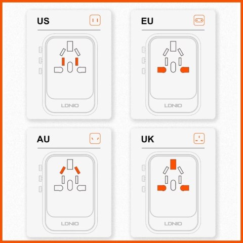 Uniwersalny adapter podróżny GaN 65W 2xPD + 1xQC LDNIO