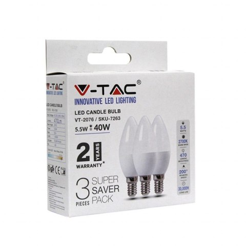 Żarówka LED V-TAC 4,5W E14 Świeczka (Opak. 3szt) VT-2076 2700K 470lm