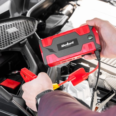 Jump starter - power bank z przewodami rozruchowymi i kompresorem