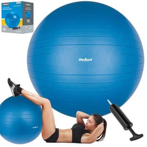 Piłka gimnastyczna rehabilitacyjna 75cm z pompką ręczną, kolor niebieski , REBEL ACTIVE
