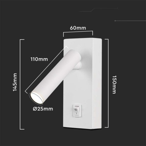 Oprawa LED V-TAC 2W Kinkiet Hotel Łóżko Włącznik Biały VT-402 3000K 150lm