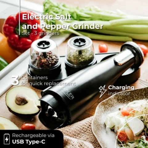 Adler Młynek do przypraw, soli i pieprzu - Zestaw 3 młynków - USB