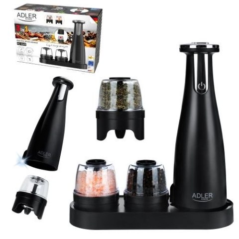 Adler Młynek do przypraw, soli i pieprzu - Zestaw 3 młynków - USB
